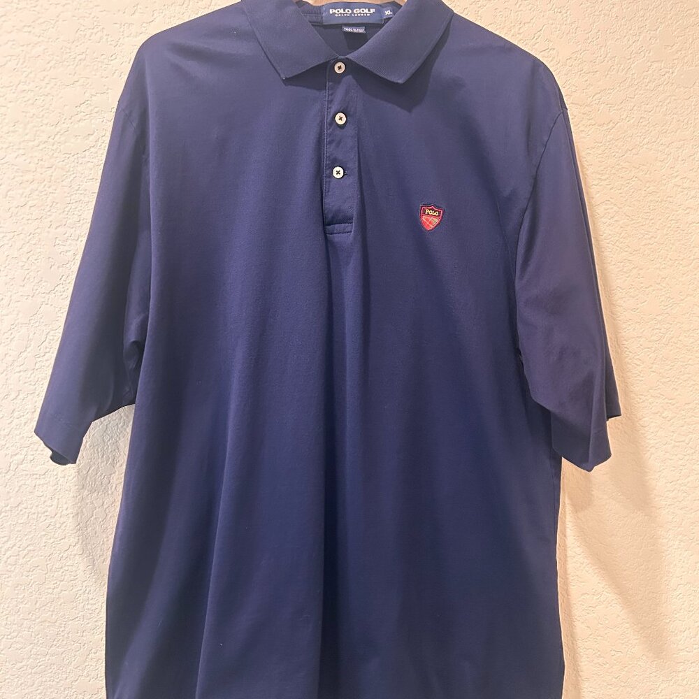 Ralph Lauren Men's Polo Golf Shirt Navy Blue with Red Crest Logo  Size XL